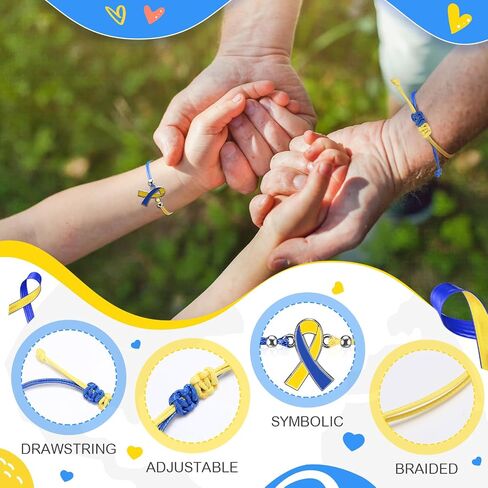 80pcs Down Syndrome Awareness Bracelet Adjustable Blue Yellow Ribbon Cord Fan Shaped Band Braided Bracelet Down Syndrome EDS Special Education Gift for Women Men Fighters in Saudi Arabia