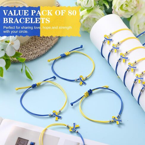 80pcs Down Syndrome Awareness Bracelet Adjustable Blue Yellow Ribbon Cord Fan Shaped Band Braided Bracelet Down Syndrome EDS Special Education Gift for Women Men Fighters in Saudi Arabia