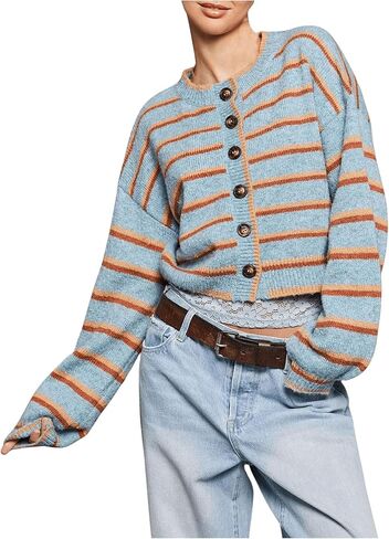Milumia Women's Striped Button Cardigan Sweater Knit Long Sleeve Going Out Crop Cardigans in Saudi Arabia