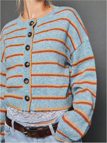 Milumia Women's Striped Button Cardigan Sweater Knit Long Sleeve Going Out Crop Cardigans in Saudi Arabia