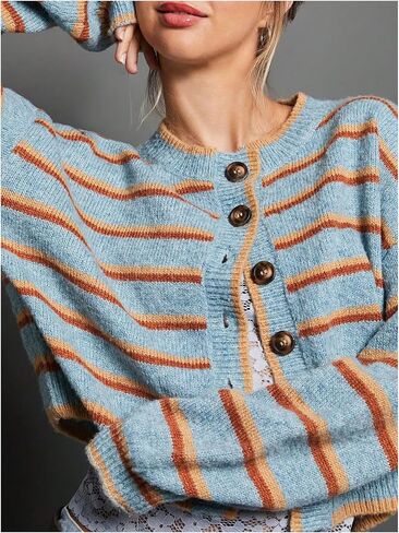 Milumia Women's Striped Button Cardigan Sweater Knit Long Sleeve Going Out Crop Cardigans in Saudi Arabia