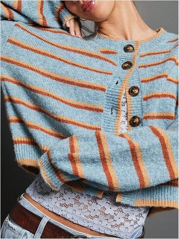 Milumia Women's Striped Button Cardigan Sweater Knit Long Sleeve Going Out Crop Cardigans in Saudi Arabia