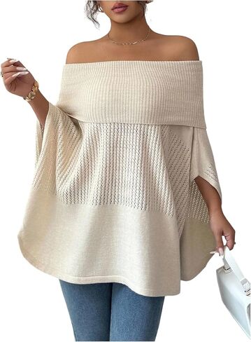 MakeMeChic Women's Plus Size Off The Shoulder Sweaters Poncho Shirts Knit Dolman Sleeve Tops in Saudi Arabia