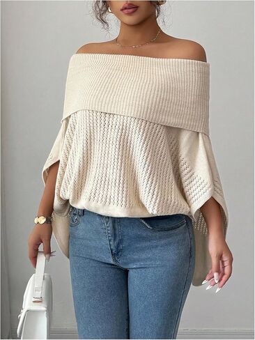 MakeMeChic Women's Plus Size Off The Shoulder Sweaters Poncho Shirts Knit Dolman Sleeve Tops in Saudi Arabia