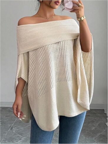 MakeMeChic Women's Plus Size Off The Shoulder Sweaters Poncho Shirts Knit Dolman Sleeve Tops in Saudi Arabia