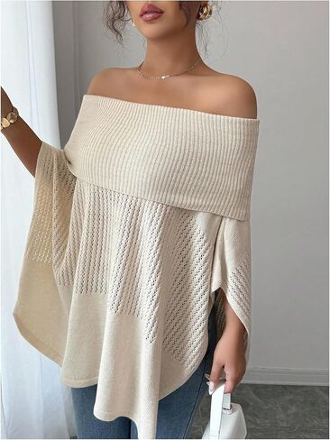 MakeMeChic Women's Plus Size Off The Shoulder Sweaters Poncho Shirts Knit Dolman Sleeve Tops in Saudi Arabia