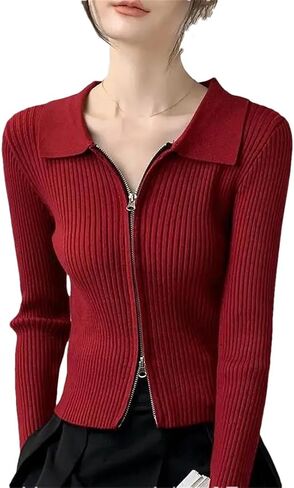 Women's Vintage Sweatshirt Jacket Zip Neck Knitted Cardigan Sweater in Saudi Arabia
