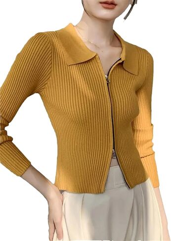 Women's Vintage Sweatshirt Jacket Zip Neck Knitted Cardigan Sweater in Saudi Arabia
