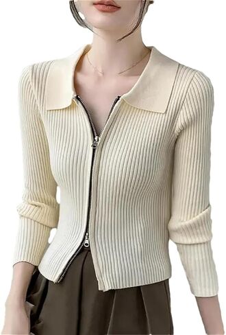 Women's Vintage Sweatshirt Jacket Zip Neck Knitted Cardigan Sweater in Saudi Arabia