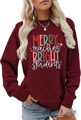 Merry Teacher Bright Students Sweatshirt Women Funny Christmas Long Sleeve Shirt Crewneck Teaching Lover Pullover in Saudi Arabia