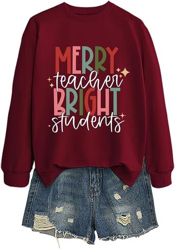 Merry Teacher Bright Students Sweatshirt Women Funny Christmas Long Sleeve Shirt Crewneck Teaching Lover Pullover in Saudi Arabia