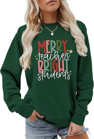 Merry Teacher Bright Students Sweatshirt Women Funny Christmas Long Sleeve Shirt Crewneck Teaching Lover Pullover in Saudi Arabia