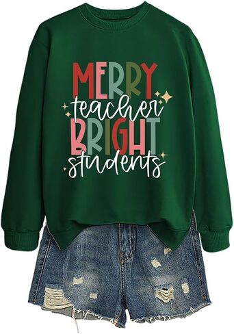 Merry Teacher Bright Students Sweatshirt Women Funny Christmas Long Sleeve Shirt Crewneck Teaching Lover Pullover in Saudi Arabia