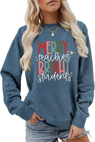 Merry Teacher Bright Students Sweatshirt Women Funny Christmas Long Sleeve Shirt Crewneck Teaching Lover Pullover in Saudi Arabia