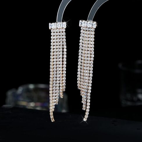 Long Rhinestone Drop Earrings for Women Wedding Tassel Dangle Drop Earrings Chandelier Dangling CZ Earrings for Women in Saudi Arabia