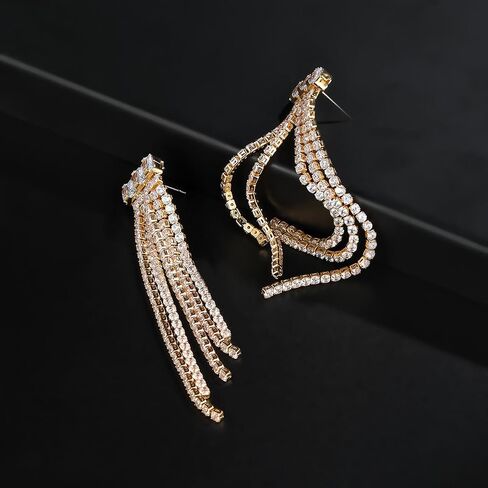 Long Rhinestone Drop Earrings for Women Wedding Tassel Dangle Drop Earrings Chandelier Dangling CZ Earrings for Women in Saudi Arabia