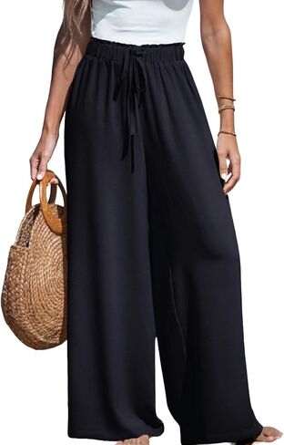 Women Flowy Pants Drawstring Waist Wide Leg Beach Loose Fit Casual Pants in Saudi Arabia