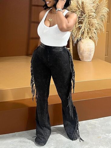 XZLUFNY Flare Leggings for Women High Waisted Bootcut Tassel Pants Fringe Trouser in Saudi Arabia