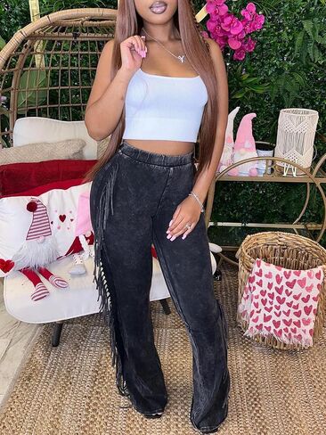 XZLUFNY Flare Leggings for Women High Waisted Bootcut Tassel Pants Fringe Trouser in Saudi Arabia