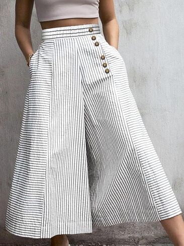 Women's Casual Wide Leg Pants High Waist Button Elastic Trousers with Pockets in Saudi Arabia