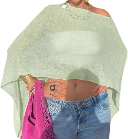 Womens Sheer Poncho Top Y2k Knitted Summer Asymmetrical Mesh Shawl Pullover Sweater Cover Up Tops in Saudi Arabia