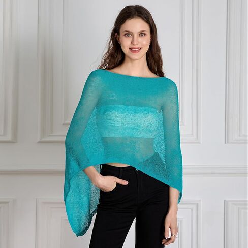 Womens Sheer Poncho Top Y2k Knitted Summer Asymmetrical Mesh Shawl Pullover Sweater Cover Up Tops in Saudi Arabia