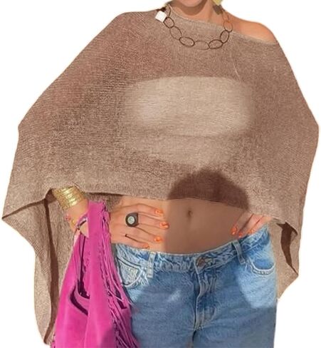 Womens Sheer Poncho Top Y2k Knitted Summer Asymmetrical Mesh Shawl Pullover Sweater Cover Up Tops in Saudi Arabia