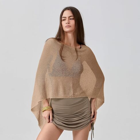 Womens Sheer Poncho Top Y2k Knitted Summer Asymmetrical Mesh Shawl Pullover Sweater Cover Up Tops in Saudi Arabia