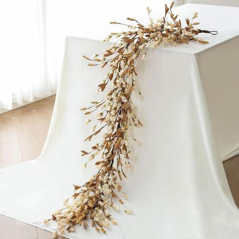Mizii Fall Garland Artificial Flower Garlands 6 Feet Fake Wildflower Floral Garland Hanging Vines Flowers Decorations for Mantle Table Centerpieces Room Wall Fireplace Wedding Fall Decor (Beige) in Kuwait