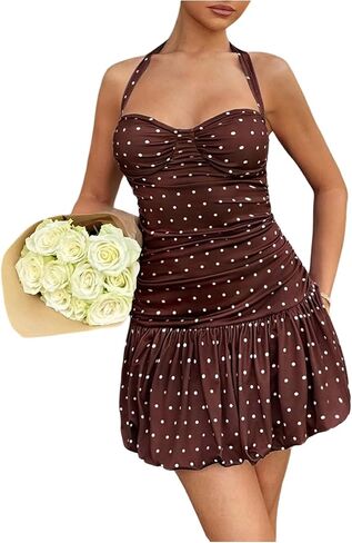 Verdusa Women's Polka Dots Bubble Dress Y2K Ruched Tie Back Mini Halter Dresses in Saudi Arabia