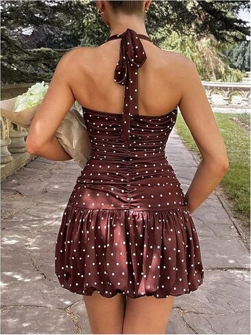 Verdusa Women's Polka Dots Bubble Dress Y2K Ruched Tie Back Mini Halter Dresses in Saudi Arabia