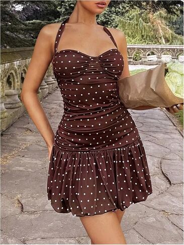 Verdusa Women's Polka Dots Bubble Dress Y2K Ruched Tie Back Mini Halter Dresses in Saudi Arabia