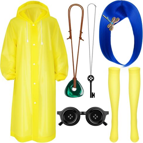 زي الهالوين التنكري مع شعر مستعار أزرق ومعطف واق من المطر أصفر ملحقات تخزين قلم النمش لمستلزمات حفلات الهالوين التنكرية مقاس كبير in Kuwait