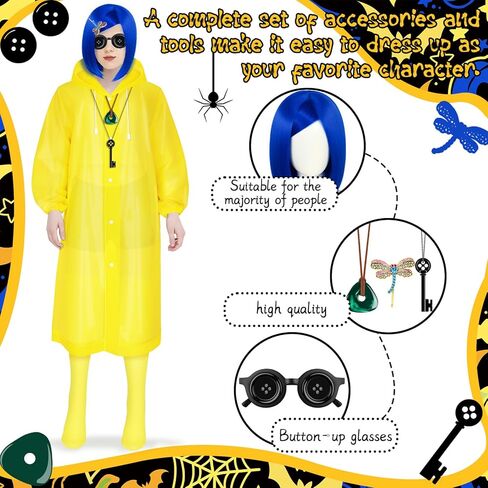 زي الهالوين التنكري مع شعر مستعار أزرق ومعطف واق من المطر أصفر ملحقات تخزين قلم النمش لمستلزمات حفلات الهالوين التنكرية مقاس كبير in Kuwait