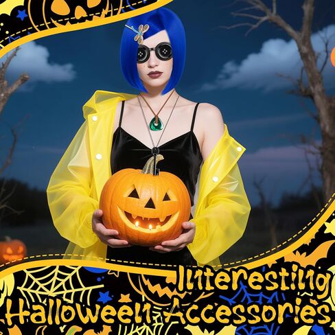 زي الهالوين التنكري مع شعر مستعار أزرق ومعطف واق من المطر أصفر ملحقات تخزين قلم النمش لمستلزمات حفلات الهالوين التنكرية مقاس كبير in Kuwait