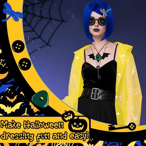 زي الهالوين التنكري مع شعر مستعار أزرق ومعطف واق من المطر أصفر ملحقات تخزين قلم النمش لمستلزمات حفلات الهالوين التنكرية مقاس كبير in Kuwait