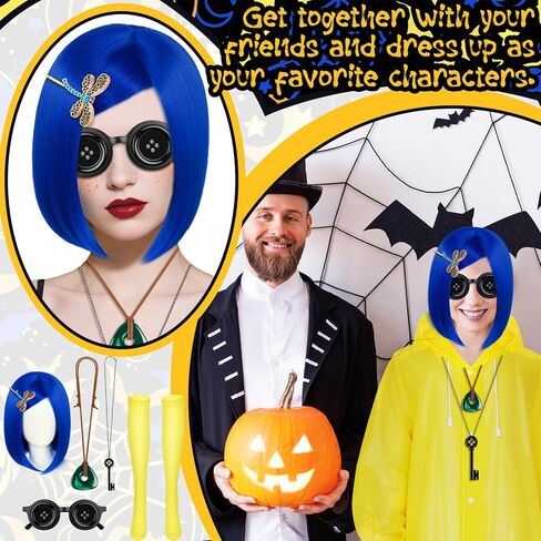 زي الهالوين التنكري مع شعر مستعار أزرق ومعطف واق من المطر أصفر ملحقات تخزين قلم النمش لمستلزمات حفلات الهالوين التنكرية مقاس كبير in Kuwait