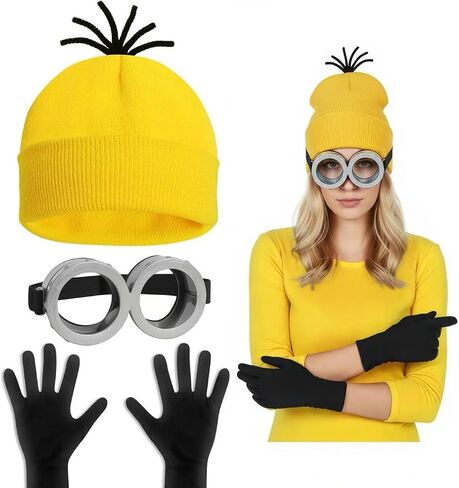 Halloween Costume Accessories for Adults: Steampunk Goggles Glasses Yellow Beanie Hat Black Gloves for Men Women Halloween Cosplay Costume 3Pcs Sets in Saudi Arabia
