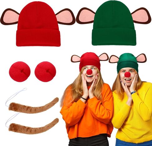 6 Pcs Halloween Mice Costume Accessories Couple Costume Set Ears Knit Mouse Hats Red Sponge Ball Noses and Artificial Mouse Tail for Adult Halloween Rat Princess Cosplay Party Supplies in Saudi Arabia