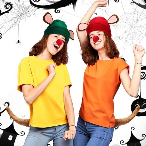 6 Pcs Halloween Mice Costume Accessories Couple Costume Set Ears Knit Mouse Hats Red Sponge Ball Noses and Artificial Mouse Tail for Adult Halloween Rat Princess Cosplay Party Supplies in Saudi Arabia