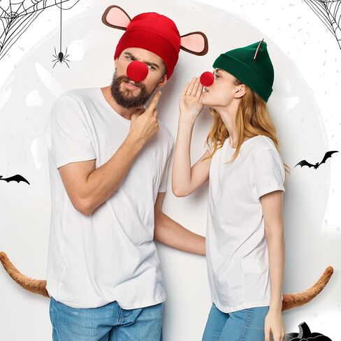 6 Pcs Halloween Mice Costume Accessories Couple Costume Set Ears Knit Mouse Hats Red Sponge Ball Noses and Artificial Mouse Tail for Adult Halloween Rat Princess Cosplay Party Supplies in Saudi Arabia