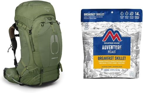 حقيبة الظهر Osprey Atmos AG 65L للرجال ووجبة الظهر Mountain House 2-Serving Breakfast Skillet Backpacking in Saudi Arabia