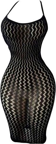 OYOANGLE Women's Fishnet Mesh Halter Lingerie Dress Sexy Bodycon Hollow Out See Through Chemise Beach Cover Up Dress in Kuwait