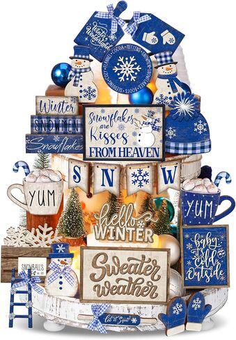 23 Pcs Winter Tiered Tray Decor Snowman Farmhouse Decor Winter Snowflake Snowman Sign Winter Table Centerpieces Hello Winter Wood Blocks Signs for Home Decor, Without Tray in Saudi Arabia