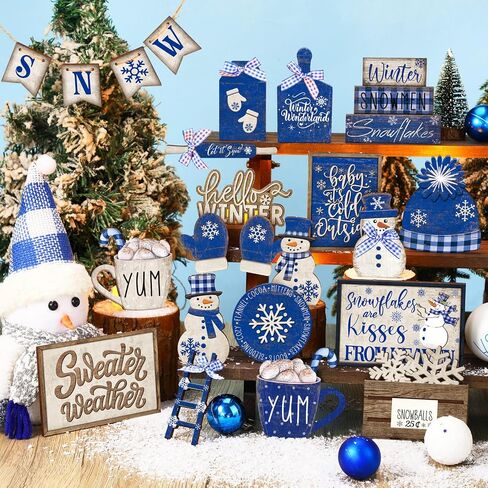 23 Pcs Winter Tiered Tray Decor Snowman Farmhouse Decor Winter Snowflake Snowman Sign Winter Table Centerpieces Hello Winter Wood Blocks Signs for Home Decor, Without Tray in Saudi Arabia
