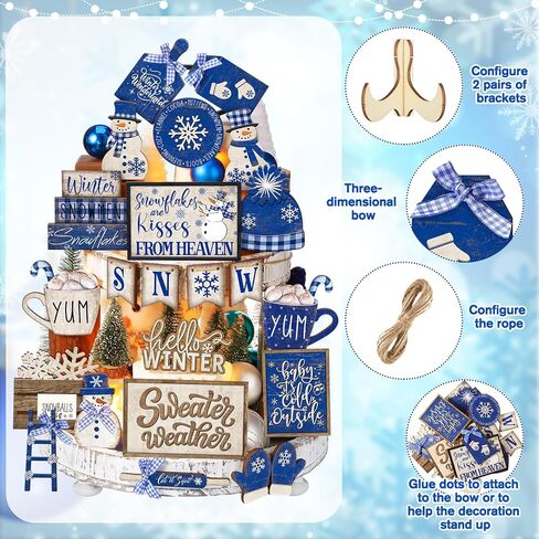 23 Pcs Winter Tiered Tray Decor Snowman Farmhouse Decor Winter Snowflake Snowman Sign Winter Table Centerpieces Hello Winter Wood Blocks Signs for Home Decor, Without Tray in Saudi Arabia