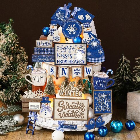 23 Pcs Winter Tiered Tray Decor Snowman Farmhouse Decor Winter Snowflake Snowman Sign Winter Table Centerpieces Hello Winter Wood Blocks Signs for Home Decor, Without Tray in Saudi Arabia