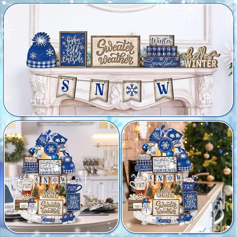 23 Pcs Winter Tiered Tray Decor Snowman Farmhouse Decor Winter Snowflake Snowman Sign Winter Table Centerpieces Hello Winter Wood Blocks Signs for Home Decor, Without Tray in Saudi Arabia
