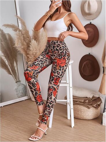 SweatyRocks Women's Casual Printed High Waisted Leggings Slim Fit Stretchy Skinny Pants in Kuwait
