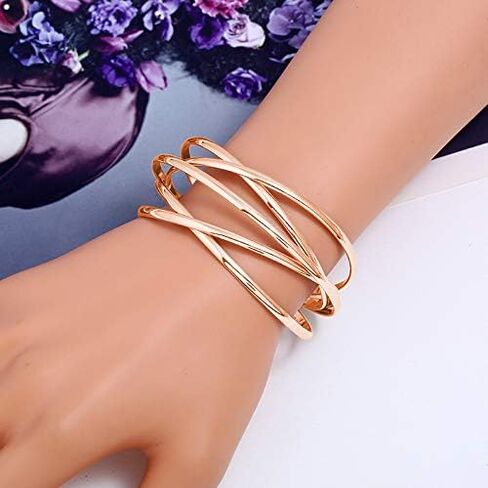 Boho Chunky Cuff Bracelet for Women,Gold/Silver/Rose gold Multi-layer Cross Wire Bangle Bracelets Open Adjustable Wide Cuff Bracelet Fashion Statement Jewelry in Saudi Arabia